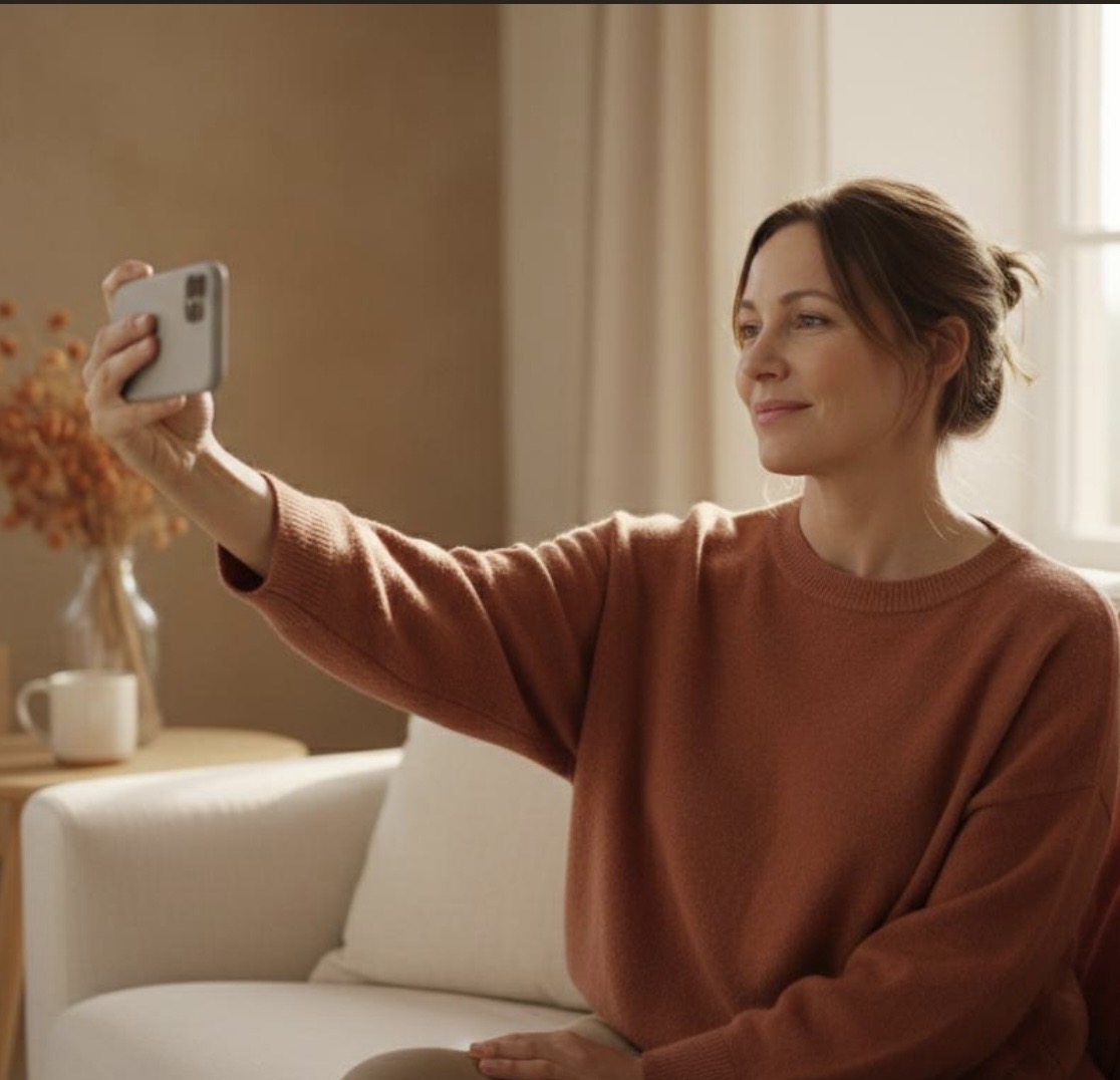 Woman in soft natural light taking a phone selfie at home